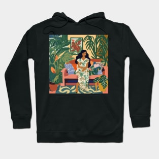 Woman on Couch of Tropical Jungle Garden Apartment After Matisse Hoodie